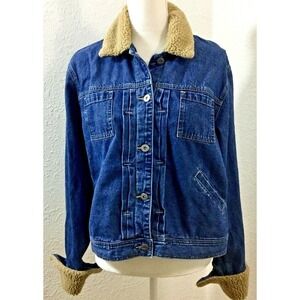 LIZ Claiborne Denim Jeans Jacket Trucker Cotton Blue Sz XL‎ Sherpa Collar Womens
